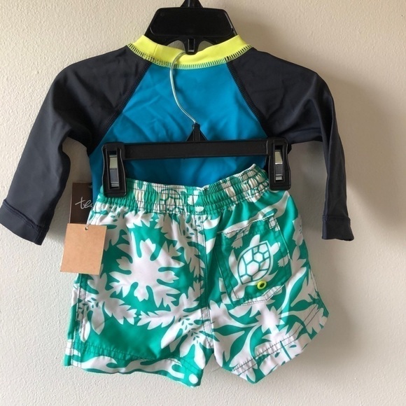 Tea Baby Blue Green Swim Shirt and Shorts Set 3 - 6 M - Picture 2 of 10